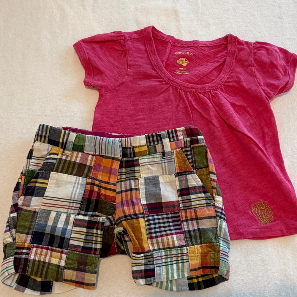 J.Crew Crewcuts Hot Pink Scoopneck Top & Madras Plaid Shorts Size 2 Vintage